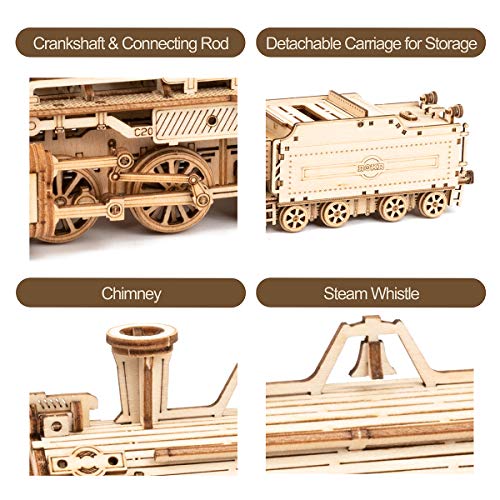 ROKR 3D Wooden Puzzle for Adults-Mechanical Train Model Kits-Brain Teaser Puzzles-Vehicle Building Kits-Unique Gift for Teens on Birthday/Christmas Day(1:80 Scale)(MC501-Prime Steam Express)