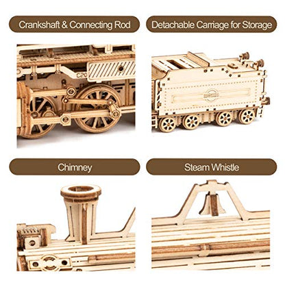 ROKR 3D Wooden Puzzle for Adults-Mechanical Train Model Kits-Brain Teaser Puzzles-Vehicle Building Kits-Unique Gift for Teens on Birthday/Christmas Day(1:80 Scale)(MC501-Prime Steam Express)