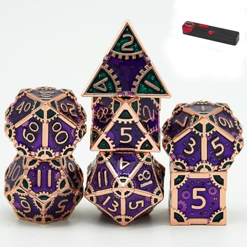 UDIXI Metal Dice Set D&D Steampunk Gear Metal DND Dice for Tabletop Games | 7PCS, Purple, Solid Metal, Metal Gift Box, DM Gift, for Dungeons and Dragons RPG Role Playing Games - color: Gear-purple With Green