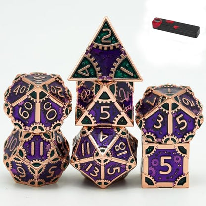 UDIXI Metal Dice Set D&D Steampunk Gear Metal DND Dice for Tabletop Games | 7PCS, Purple, Solid Metal, Metal Gift Box, DM Gift, for Dungeons and Dragons RPG Role Playing Games - color: Gear-purple With Green