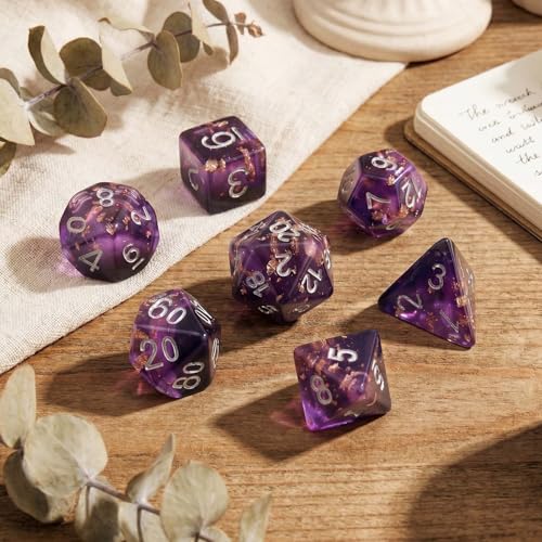 Haxtec DND Dice Set 7PCS Polyhedral D&D Dice for Roleplaying Games, Purple Black Gold Foil Resin Dice with Velvet Pouch for Dungeons and Dragons, Great DND Gift for Gamers & DM Masters - color: Purple Black