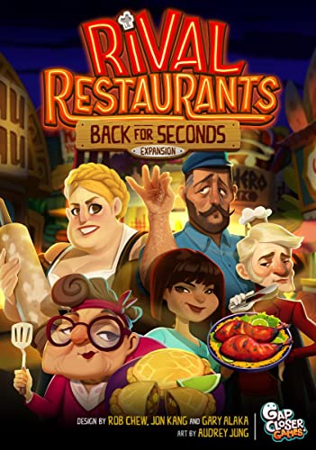Rival Restaurants: Back for Seconds Expansion by Gap Closer Games | Strategy Board Game | 2 to 6 Players | Ages 10+ | 45+ Minutes | Expansion with New Chefs, Additional Restaurants & Action Cards - style: Expansion