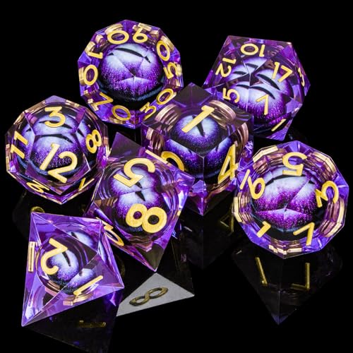 ARUOHHA DND Resin Dice Dragon Eye Dice Liquid Core Purple Sharp Edged Dice Set with Gift Box, Dungeons Polyhedral D and D Dice Set Compatible with D&D Role Playing Game D20 D12 D10 D8 D6 - color: Ly01-purple