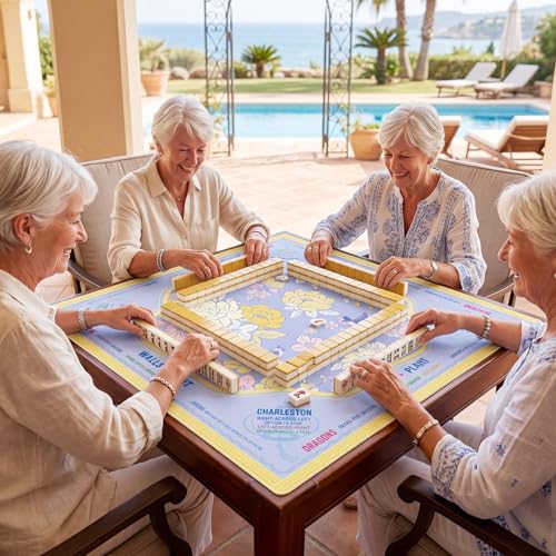 Soulchen Flower Blue and Yellow American Mahjong Mat for Table with Rules, No Creases, Ships Rolled, 31.5 x 31.5 Non-Slip Noise Reduction Gaming Mat with Carrying Bag for Poker Card Board - color: Blue and Yellow