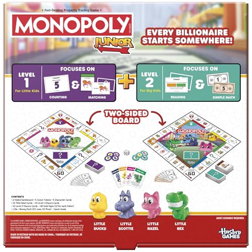 Monopoly Junior Board Game (2026 Edition) | 2 Games in 1 for Younger Kids, 2-Sided Board | Ages 4+ | 2-4 Players | 20 Mins. | Gifts for Preschoolers