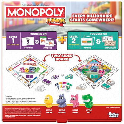 Monopoly Junior Board Game (2026 Edition) | 2 Games in 1 for Younger Kids, 2-Sided Board | Ages 4+ | 2-4 Players | 20 Mins. | Gifts for Preschoolers