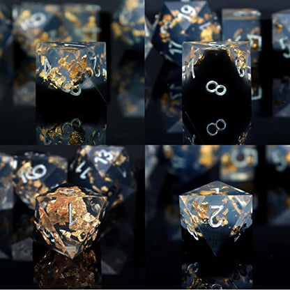 Haxtec DND Dice Set Black Sharp Edge Resin Dice Gold Flakes with Dice Case Black White Gold D&D Dice for RPG Role Playing Games Compatible with Dungeons and Dragons Gift War Series - color: Black Gold