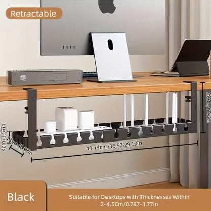 Extendable Under Desk Cable Management Tray, 17"-28.7" Clamp On Cord Organizer, No Drilling Metal Cable Management Holds Up to 11 lbs, Desk Storage for Office and Gaming Accessories