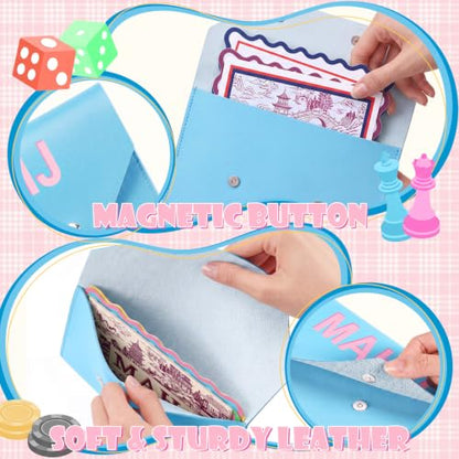 2 Pcs Leather Mahjong Card Bag Clutch Pouch Holder with PU Squeeze Dice Bag Mahjong Accessories Protector Cover Case for MAHJ Lover Playing Game Night (Light Blue) - color: Light Blue