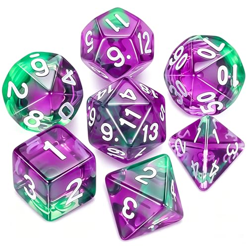 QMAY DND Dice Set -D&D Polyhedral Dice (7 Pcs) for Dungeons and Dragons (Purple Green Transparent) - color: Purple Green Transparent