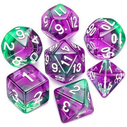 QMAY DND Dice Set -D&D Polyhedral Dice (7 Pcs) for Dungeons and Dragons (Purple Green Transparent) - color: Purple Green Transparent
