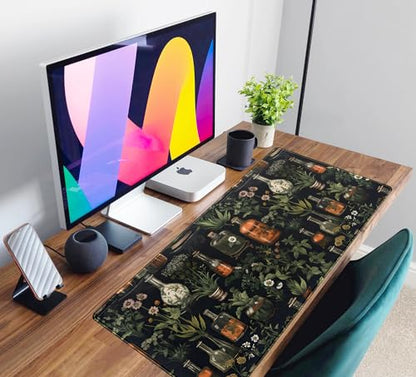 Black Aesthetics Desk Mat Mouse Pad Large Gaming Mouse Pad Desk Pad Mousepad, Mystical Green Plant Computer Laptop Keyboard and Mouse Mat, Desktop Protector Mat for Women Girl Office 31.5x15.8 in - color: Black Mystical Green Plant