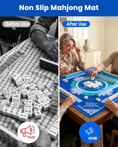 Mahjong Mat for Table, 32.4×32.4 Non-Slip Rubber Mahjong Mats with 2026 Mahjong Card, Neoprene Mah Jong Mat with Carrying Bag for Poker, Board Games,Dominoes,Cards & Tile Games - color: Blue