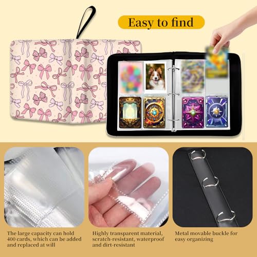 AXUASSILD 4 Pocket Card Binder, Premium Trading Card Holder Fits 400 Cards With 50 Removable Sleeves, Cute Portable Collection Card Ablum Holder Cute Pink Bowtie - color: Cute Pink Bowtie