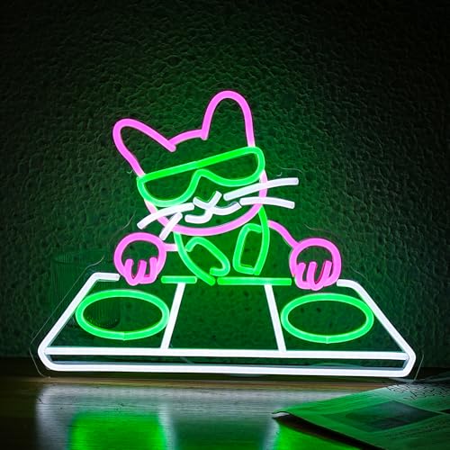Cat DJ Player Neon Sign Dimmable DJ Player Led Neon Light for Wall Decor USB Powered Cool Neon Light Sign for Bar Party Man Cave Bedroom Art Wall Decoration - color: Pink Green White