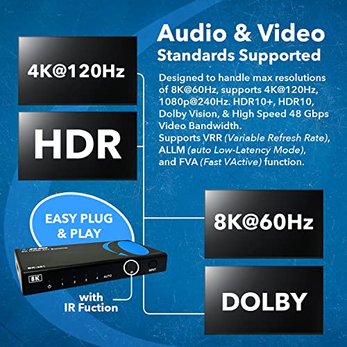 OREI 8K 4x1 HDMI 2.1 Switch 4K @ 120hz Switcher 4 in 1 Out, Support HDR, HDR10, Dolby Vision, HLG 48Gbps for Xbox Series X PS5 Roku Fire TV Monitor Projector Dolby | hdmi switcher 4 in 1 out, hdmi switcher 4k 120hz, 48Gbps, HDR10, Dolby Vision, HLG, PS5/X