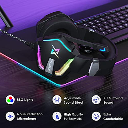 targeal 7.1 Surround Sound PC Gaming Headset for PS5 PS4 Laptop Mac Tablet Mobile, Over Ear Wired USB Gaming Headphone with Omni-Directional Noise Canceling Mic, RGB LED, with Type C Cable