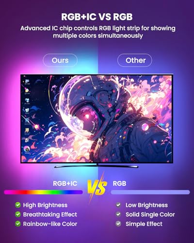 16.4ft RGB+IC LED Lights for 50-75 Inch TV, Backlight Strip Behind TV with Music Sync, Bluetooth APP and Voice Control, 44 Scene Modes, for Ambient Mood Lighting, Monitor Game, Bedroom, Living Room - size: 16.4FT