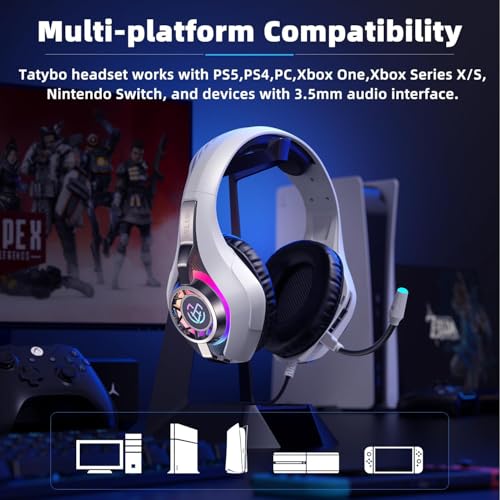 Tatybo Gaming Headset for PS5 PC, Noise Canceling Mic, RGB, White | Over Ear, Deep Bass Stereo Sound for FPS, Battle Royale, Lightweight for Xbox, PS4, Mobile, Nintendo, 3.5mm devices - color: WHITE