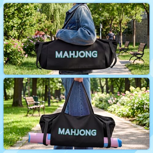 Abbylike 28x9 Inches Mahjong Bag for Rolled Mat Tiles Racks Pushers Accessories Empty Mahjong Tote Bag with Zipper Closure Outer Pockets Lining Large Capacity(Black,Canvas) - color: Black