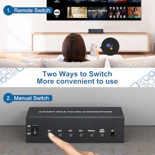 Multiple RCA to HDMI Converter - 4 Port Red White Yellow Composite Component to HDMI Converter for N64/Smart TV/AUX/PS2/PS3/VHS/VCR/DVD Players, Support 4:3/16:9 1080P/720P RCA AV to hdmi Switch