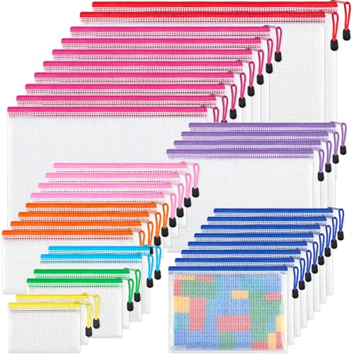 JARLINK 36 Pcs Mesh Zipper Pouch Bags, 8 Sizes Waterproof Zipper Bags | Multi-use Travel Bags for Office, School, Board Game, Puzzles, Cosmetics, Travel Accessories, and Home Organization, 9 colors - style: 36pcs