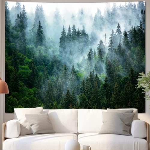 Atrippy Misty Forest Tapestry for Bedroom, Nature Mist Foggy Landscape Wall Tapestry Hanging, Green Trees Wall Art Vintage Retro Room Decor for Living Room College Dorm 51x60 Inches - color: C Misty Forest Tapestry, size: 60"L x 51"W