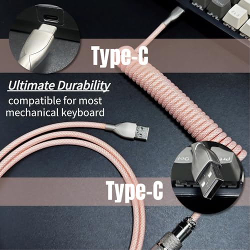 USB C Coiled Keyboard Cable - Custom 1.5ft Coil+3ft Extension Mechanical Keyboard Cable with Detachable Metal Aviator,Nylon Braided USB C to USB A for Gaming Keyboard, PC,Computer Gamer & Enthusiasts - color: Pink