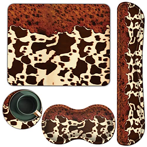 Keyboard Wrist Rest + Mouse Pad + Mouse Wrist Rest Support + Coaster Set, Ergonomic Memory Foam Mouse and Keyboard Pad Set for Laptop Computer Office Home Working Gaming,Vintage Cow Print - color: Vintage Cow Print