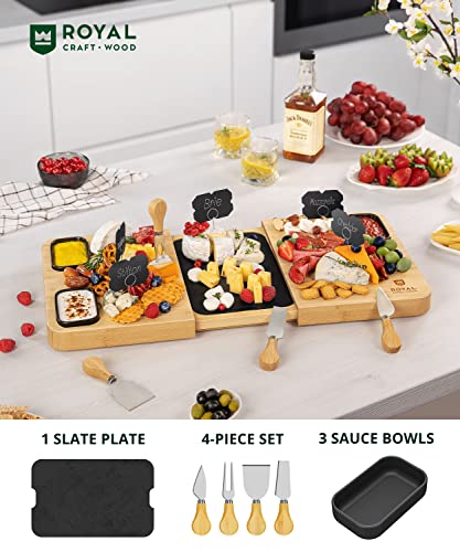 ROYAL CRAFT WOOD Extra Large Bamboo Charcuterie Boards - Large Charcuterie Board Set w/ 3 Sauce Bowls, 4 Knives & Slate Plate - Unique Cheese Board & Serving Tray - Ideal Housewarming Gift - style: 5-8 Guests