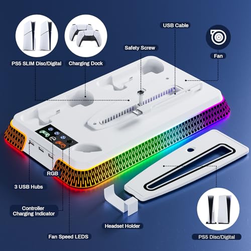 PS5 Cooling Station and PS5 Stand with RGB Controller Charging Station for PlayStation 5 Console, Controller Charger, Cooling Stand, PS5/Slim/Pro Accessories Kit with 3 Level Cooler Fan - color: piano-white