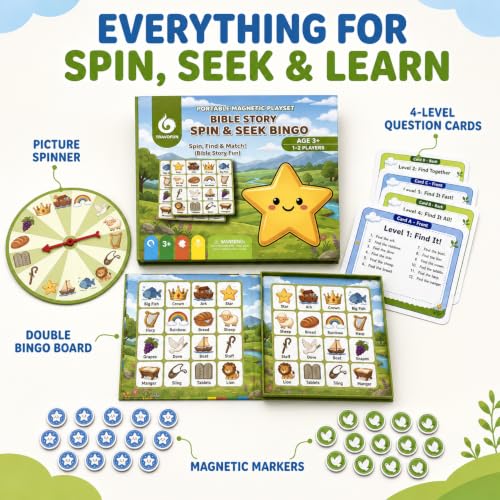 Travofun Magnetic Bible Story Spin & Seek Bingo Game for Kids Ages 3-8 | Portable Christian Learning Toy with Spinner & Question Cards | Interactive Travel Game for Road Trip | Screen Family Activity - style: Bible Bingo