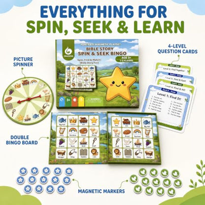 Travofun Magnetic Bible Story Spin & Seek Bingo Game for Kids Ages 3-8 | Portable Christian Learning Toy with Spinner & Question Cards | Interactive Travel Game for Road Trip | Screen Family Activity - style: Bible Bingo