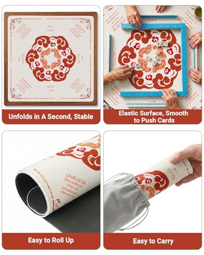 Mahjong Mat for Table, 32.4×32.4 Non-Slip Rubber Mahjong Mats with Mahjong Card 2026, Neoprene Mah Jong Mat with Carrying Bag for Poker, Board Games, Dominoes,Cards & Tile Games - color: Red Cloud