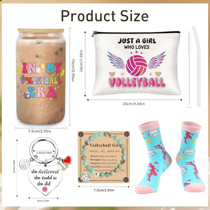 Volleyball Gifts for Teen Girls & Women, Pink Volleyball Accessories Includes 16oz Glass Cups, Makeup Bag, Socks, Keychain, and Bracelets, Senior Night Gifts for Team Players Sports Lovers