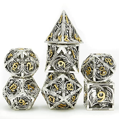 Metal DND Dragon Dice Set Dungeons and Dragons for Role Playing Games (RPG) MTG Pathfinder Tabletop Games(Ancient Silver Gold) - color: Ancient Silver/ Gold