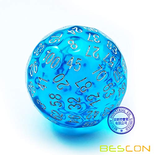 Bescon Translucent Blue Polyhedral Dice 100 Sides, D100 dice, 100 Sided Cube, Transparent D100 Game Dice - color: Translucent Blue D100