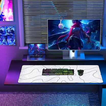 Large Gaming Mouse Pad for Desk, White Topographic Mouse Pad Desk Mat for Gaming Office, Long XL Mouse Pads Keyboard Pad Desk Pad for Computer Laptop 31.5''x11.8'' - color: White
