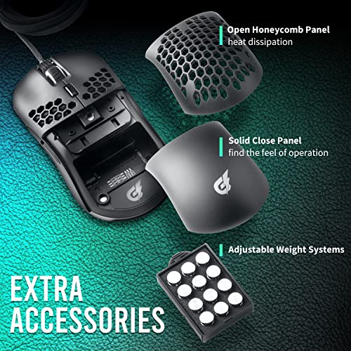 GUNMJO Gram DIY Honeycomb Shell Wired RGB Gaming Mouse, PC Gaming Mouse with 9 Buttons and Up to 10,000 DPI, Computer Mice for PC Gaming, Black Color