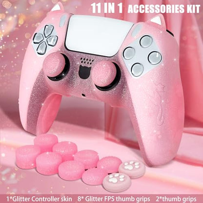 Pink Cat Glitter Anti-Slip Protective Silicone Cover Skin Grips Compatible with PS5/Slim/Pro Controller,8 PCS Glitter Thumb Grips Caps and 2 Paw Grips Caps. (Cat Pink) - color: Cat Pink