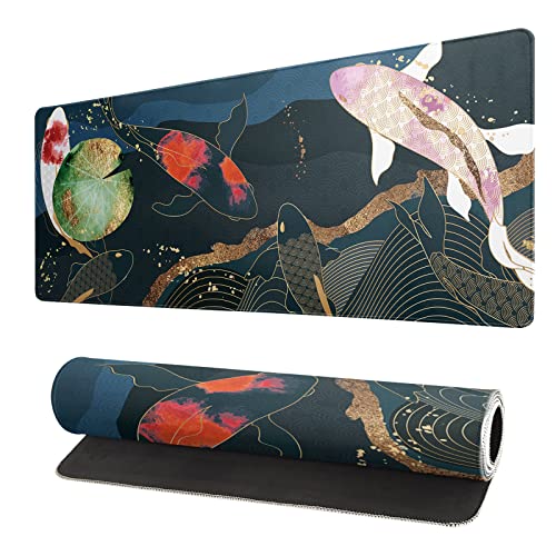 Japanese Gaming Mouse Pad XL - Extended Large Mouse Mat Desk Pad, Stitched Edges Mousepad, 3mm Thick Long Non-Slip Rubber Base Mice Pad, 31.5 X 11.8 Inch - Koi Fish Art - color: Koi Fish
