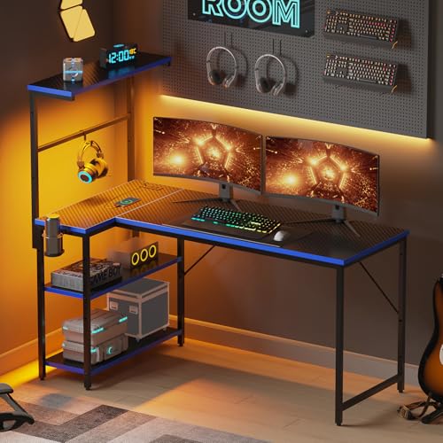 52" L-Shaped Gaming Desk with Power Outlets LED Lights, Black&Blue | Reversible Design, LED Lights, 4-Tier Storage Shelves, Headphone Hook, Foldable Cup Holder, Computer Desk, Home Office - color: Black&blue, size: 52 Inch