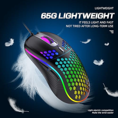 Honeycomb Wired Gaming Mouse, 65g Ultra Lightweight Ergonomic Computer Mouse with RGB Breathing Light, 7200 DPI Max, Widened Side Buttons for PC Mac Laptop Gamers, Esports & Home Office (Pink) - color: Pink