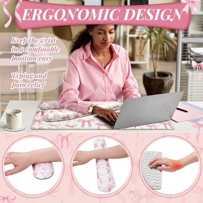 Relaxweex 4 Pcs Pink Bow Keyboard Mat and Mouse Pad Set Coquette Desk Mat Bowknot Mouse Pad with Wrist Rest Cute Keyboard Wrist Rest Preppy Cup Coasters Pink Ergonomic Design for Office Table Computer