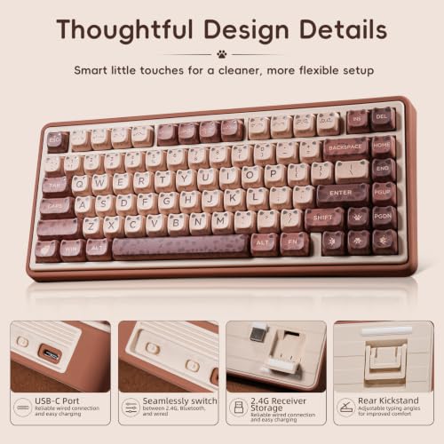ZORNHER UR82 Mechanical Keyboard,75% Wireless Creamy Gaming Keyboard with Cute Leopard Cat Kawaii Glowing Kitty Ear Mao Keycaps, Aesthetics Compact Brown Keyboard for Home Office,Coffee Brown - color: Leopard Cat