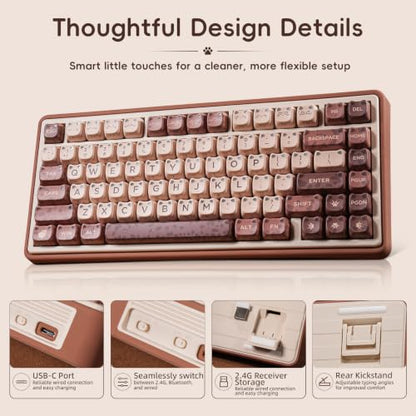 ZORNHER UR82 Mechanical Keyboard,75% Wireless Creamy Gaming Keyboard with Cute Leopard Cat Kawaii Glowing Kitty Ear Mao Keycaps, Aesthetics Compact Brown Keyboard for Home Office,Coffee Brown - color: Leopard Cat