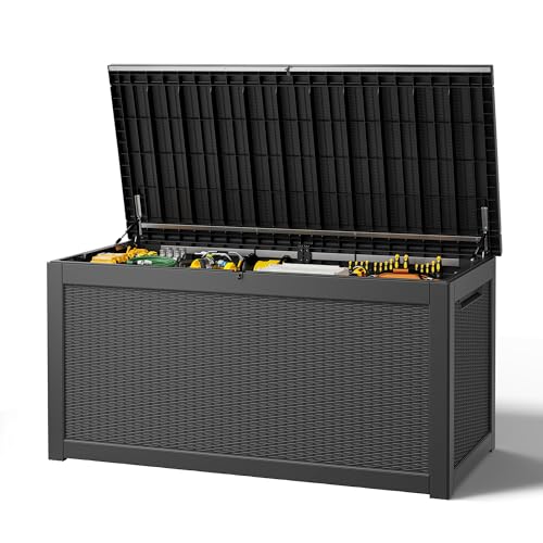 Outdoor Storage Box, Resin Deck Boxes Indoor and outdoor, Waterproof Storage Box Lockable Lid (Black,280 Gallon) - color: Rattan Black, style: 280 Gallon