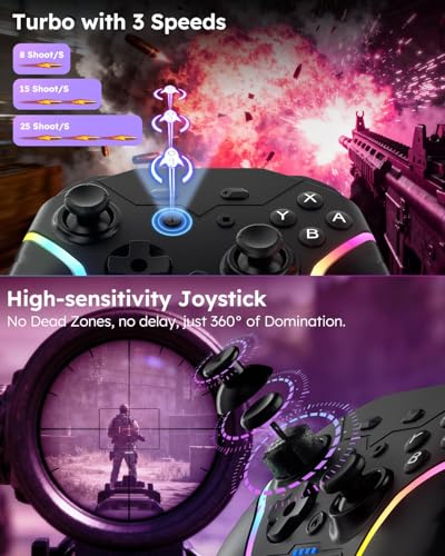 Wireless Mobile Game Controller for iPhone/iOS/Android/Switch/Laptop, Wired for PC/Steam, Cell Phone Controller Gamepad with Programmable, Turbo, Vibration, 6-Axis Gyro&RGB Lights(Phone Clip Included)