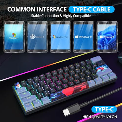 60% Mechanical Keyboard Grey and Black, Compact 60 Percent Gaming Keyboard RGB Backlit, 61 Keys Mini Keyboard, USB Wired Office Keyboard for Windows Mac Laptop PC (61 Dark/Blue Switches) - color: 61 Dark/Blue Switch