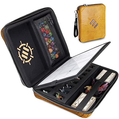 ENHANCE RPG Organizer Case - DnD Binder with Built-in Character Sheet Holder and Erasable Scribe Panel, Dice Rolling Area, Removable Pen Pouch, Miniature Foam Tray, Wrist Strap - color: Dragon Gold